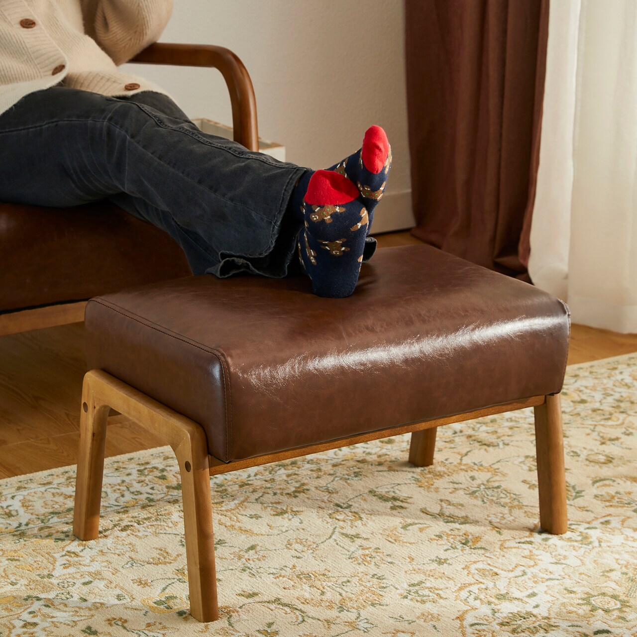 Mid-century Modern Leatherette Accent Stool with Walnut Rubberwood Legs